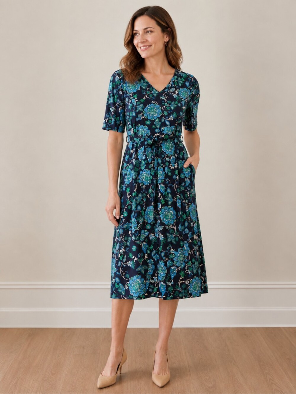 Charter Club Blue & Green Botanical on Navy Midi Dress A-line V-Neck Size PP